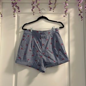 Unique Vintage Cherry Print Chambray Shorts